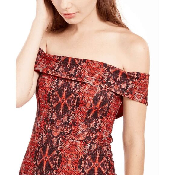 Crystal Doll Juniors' Women's Python-Print Off-The-Shoulder Dress - Red L - Picture 7 of 7
